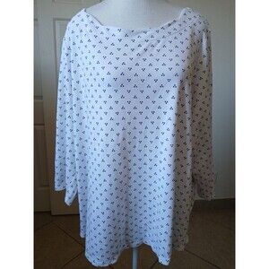 Croft & Barrow Woman's 2X White Black Top‎ 3/4 Sleeve 100% Cotton Casual Comfort